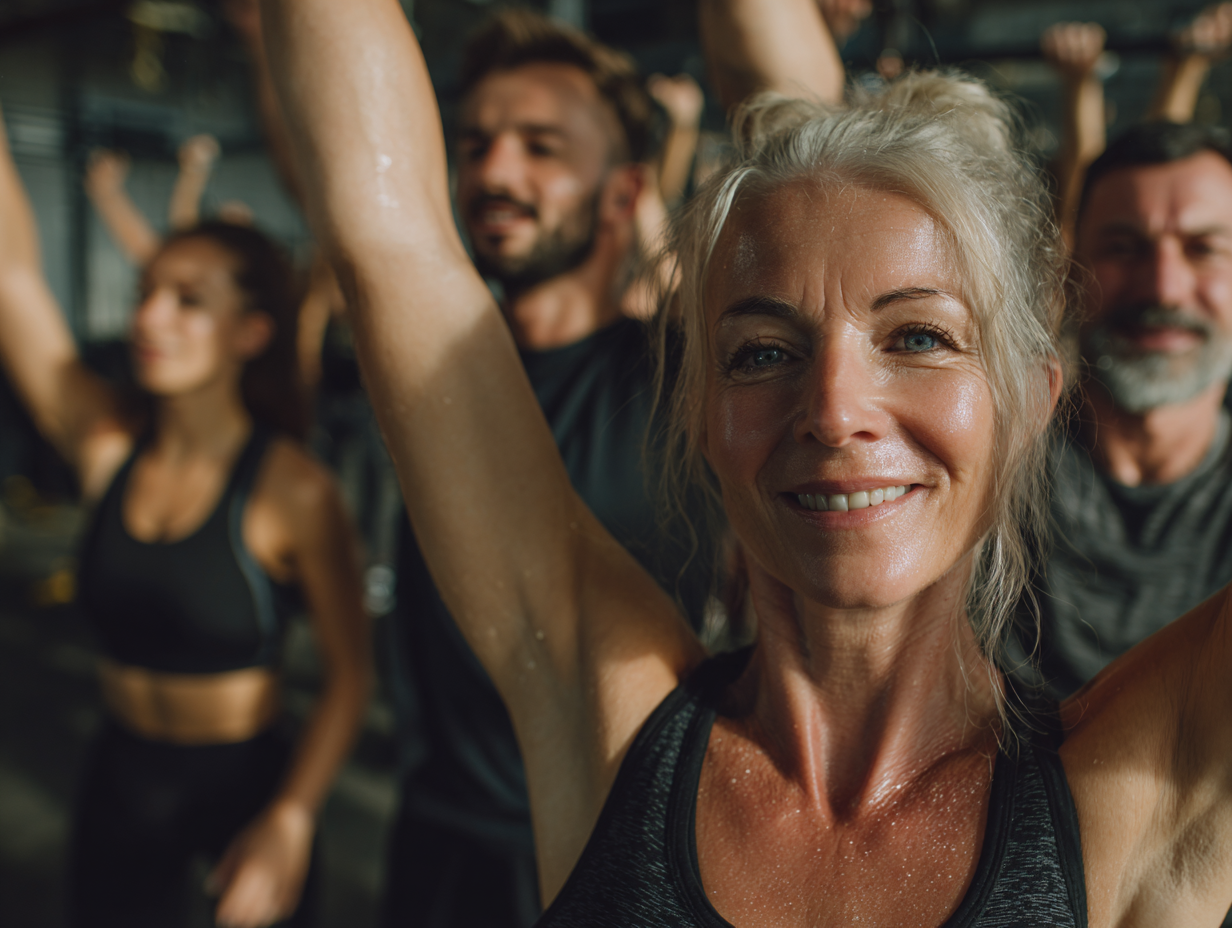 Група людей різного віку займається фітнесом на свіжому повітрі